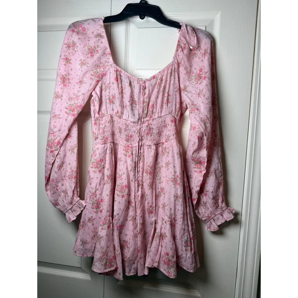 Trixx Pink Floral Long Sleeve Romper Cottagecore Square Neck Rose Print S
